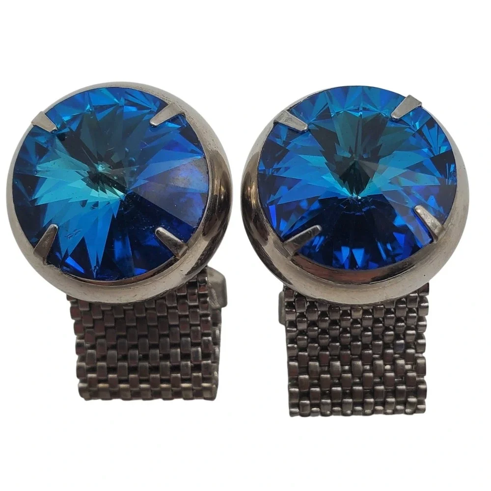 Blue Rivoli Crystal Cufflinks Silver Tone Mesh Wrap Around Suit Accessory Retro